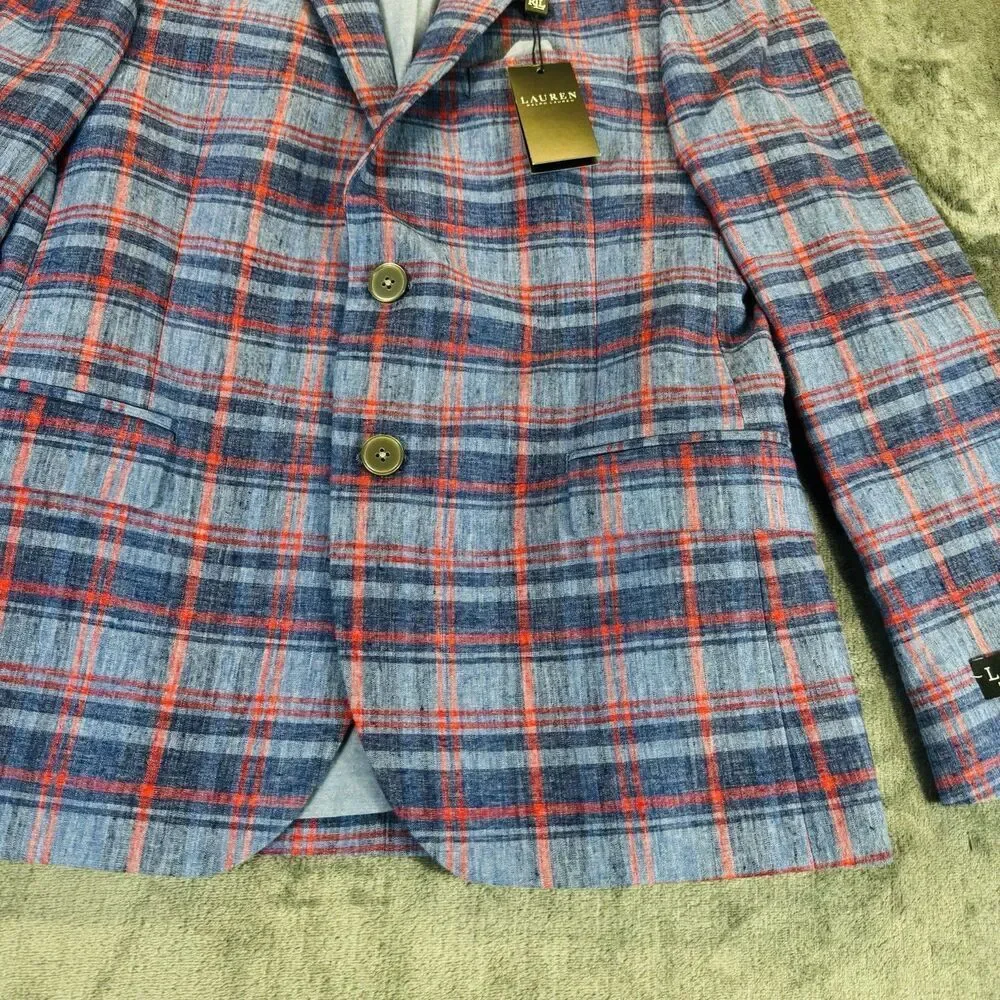 LAUREN RALPH LAUREN Boy 14R Bloxbury Blue Red Plaid Sport Coat Blazer Linen Blen